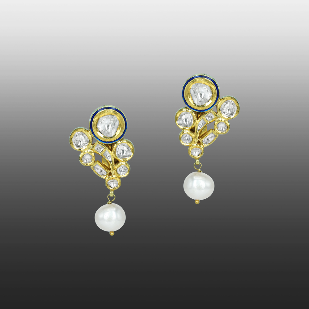 Floral Polki Earrings with Blue Enamel and Pearl Drop